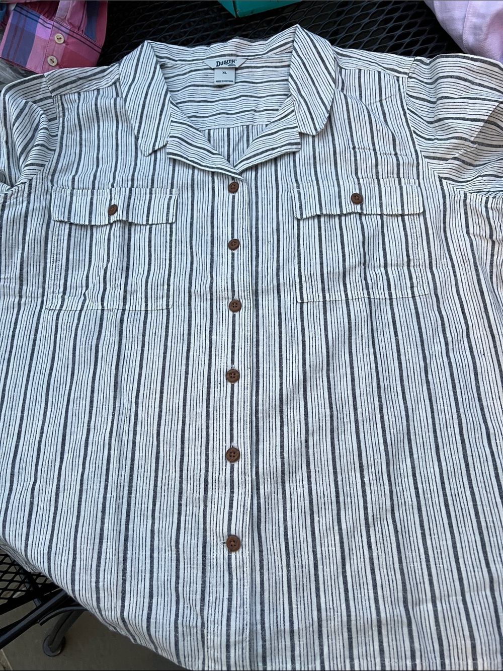 Duluth Trading Co White and Black Striped Button-Down Shirt, XL